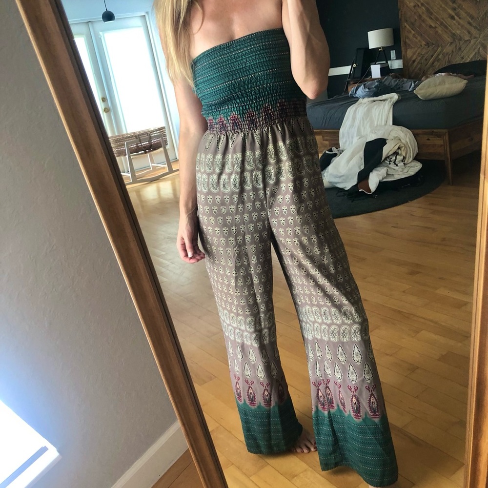 Mahina Green and Brown Strapless Jumpsuit